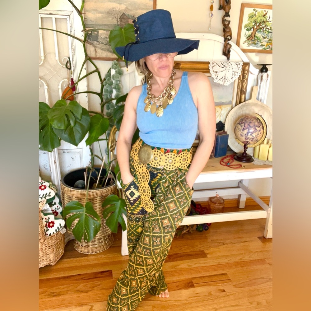 #53 OOAK Kantha Stitched Smocked Waist Harem Pants